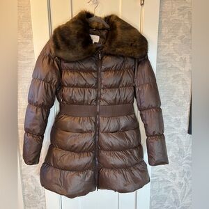 Brown Shimmer Puffer Knee Length Jacket Coat Laundry by Shelli Segal Sz Medium